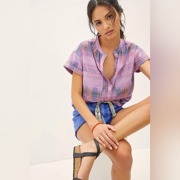 Anthropologie Pilcro The Hannah Surf Short Sleeve Blouse Purple Motif Plaid - Picture 2 of 13